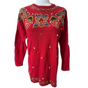 Vintage Victoria Jones Ugly Christmas Sweater Beaded Sz Lg Holiday Party Flaw